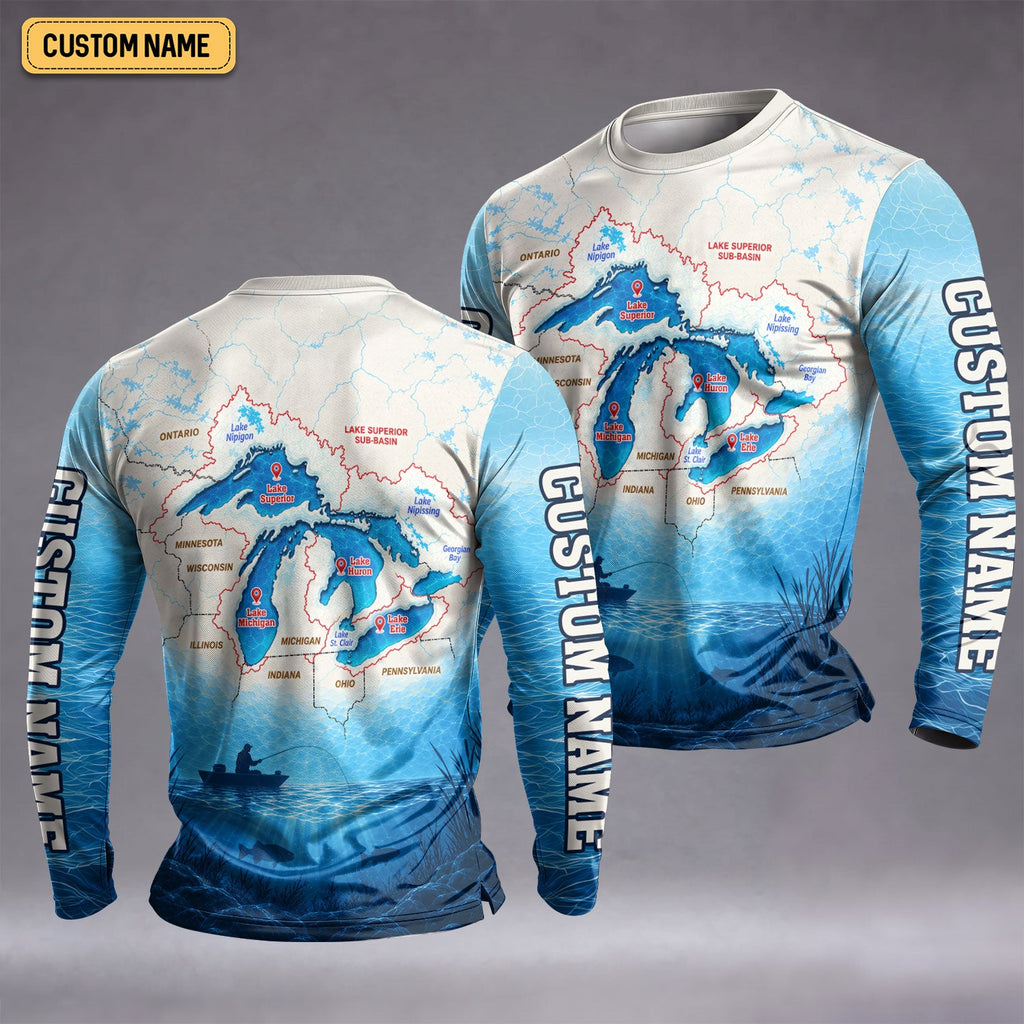 Personalized Great Lakes Fishing Map UPF Shirt, Mens Fishing Shirt, Fishing Apparel Shirt