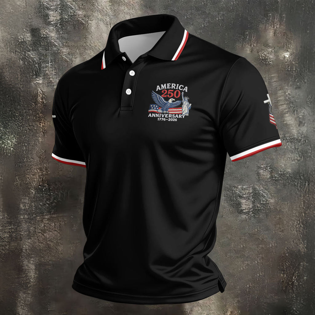 Faith Cross Bald Eagle America 250 Anniversary Black Patriotic Golf Shirt, Golf Shirts For Men