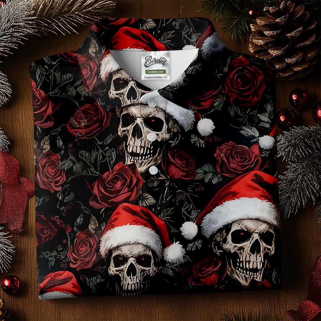 Vintage Skull And Roses Christmas Golf Shirt, Cool Golf Outfit, Polo Shirts For Men, Golf Shirts For Men