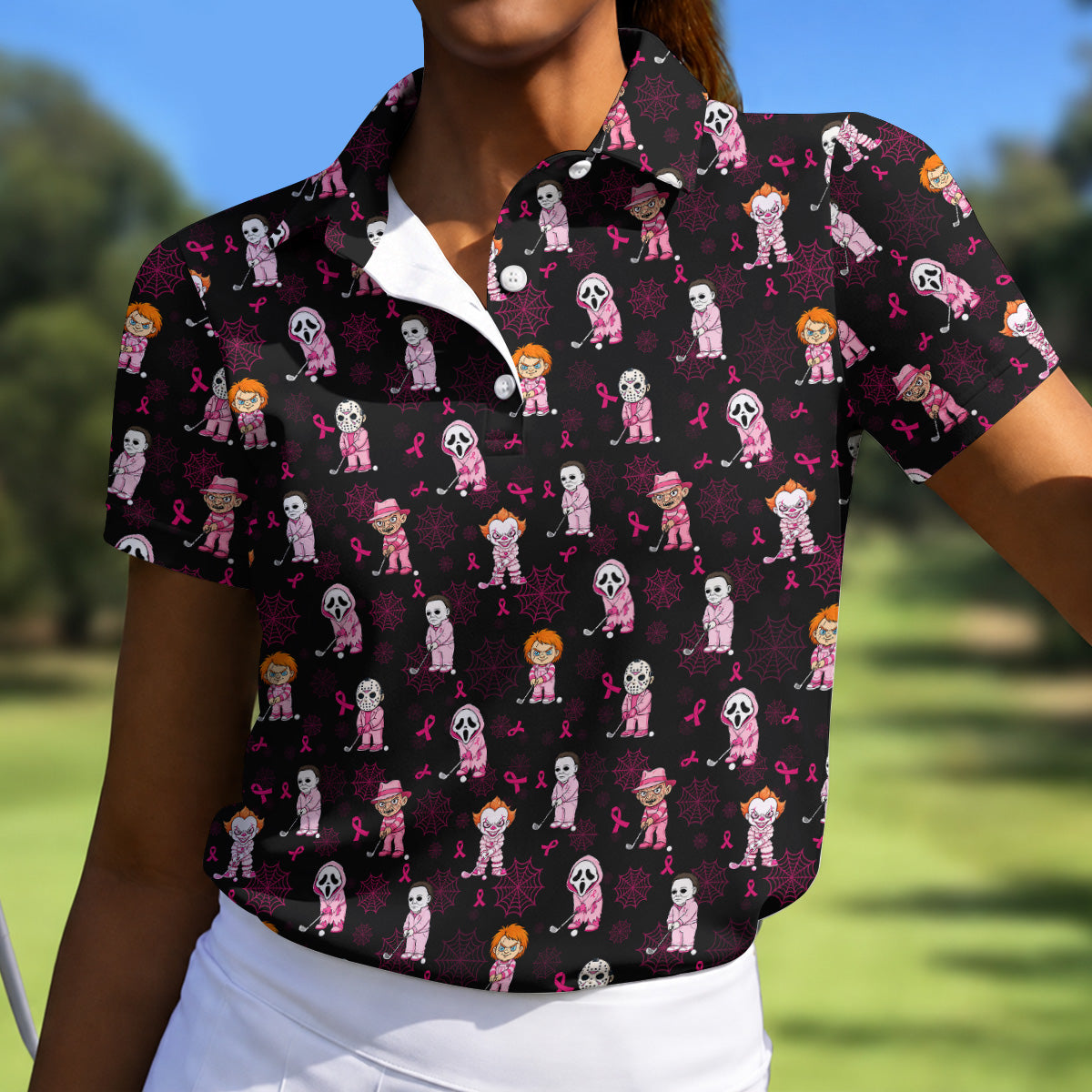Black Halloween Horror Breast Cancer Polo Shirt, Women's Golf Polo, Golf Tops For Women
