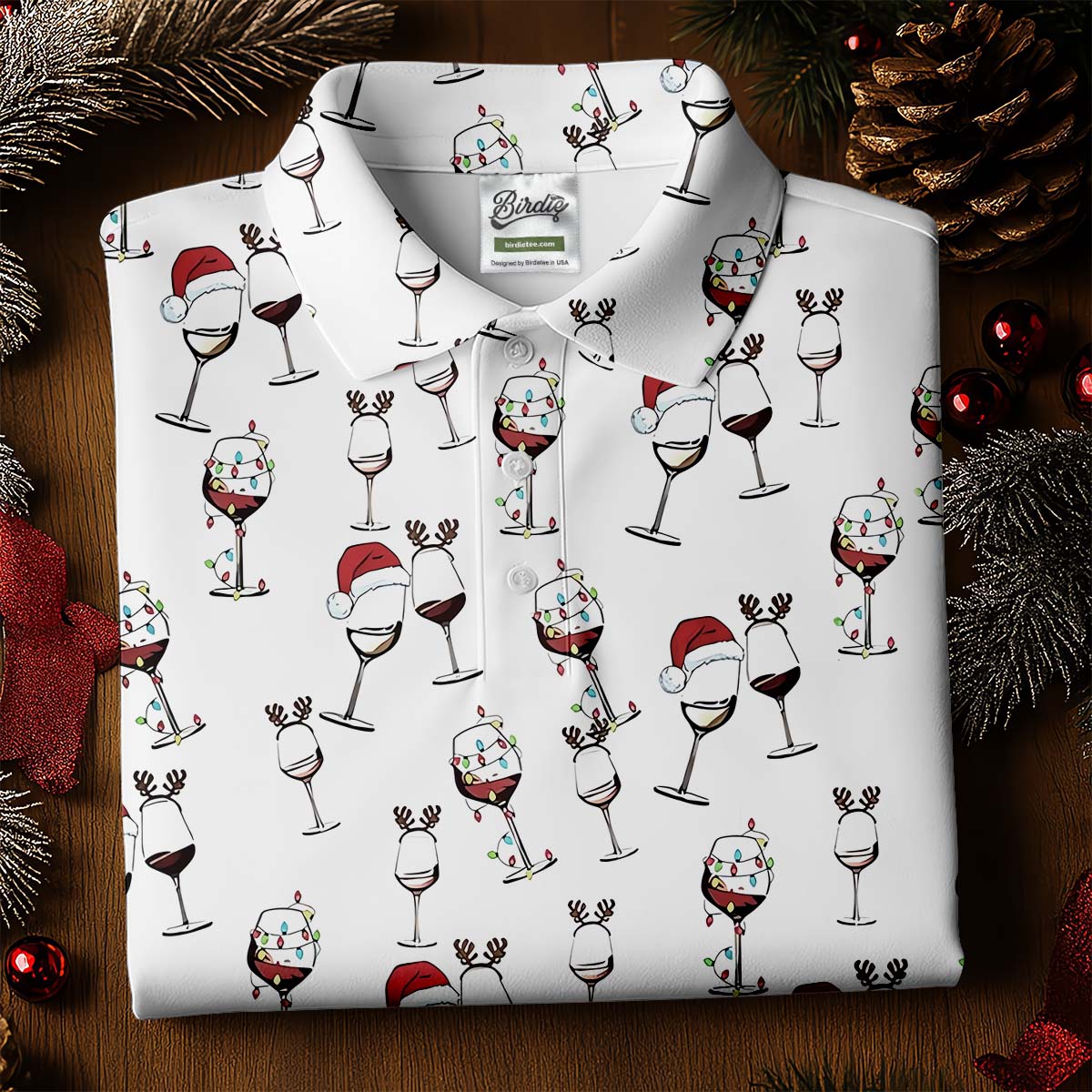 Christmas Wine Glass With Colorful Lighting White Golf Shirt, Christmas Golf Shirt, Polo ShirtFor Men