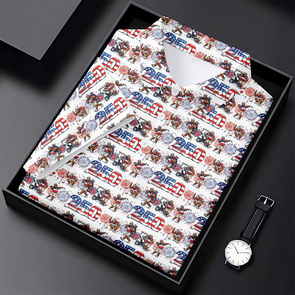 Funny Bigfoot Golf Pose Patriotic 4th Of July White Golf Shirt, 250 Years Golf Shirts For Men