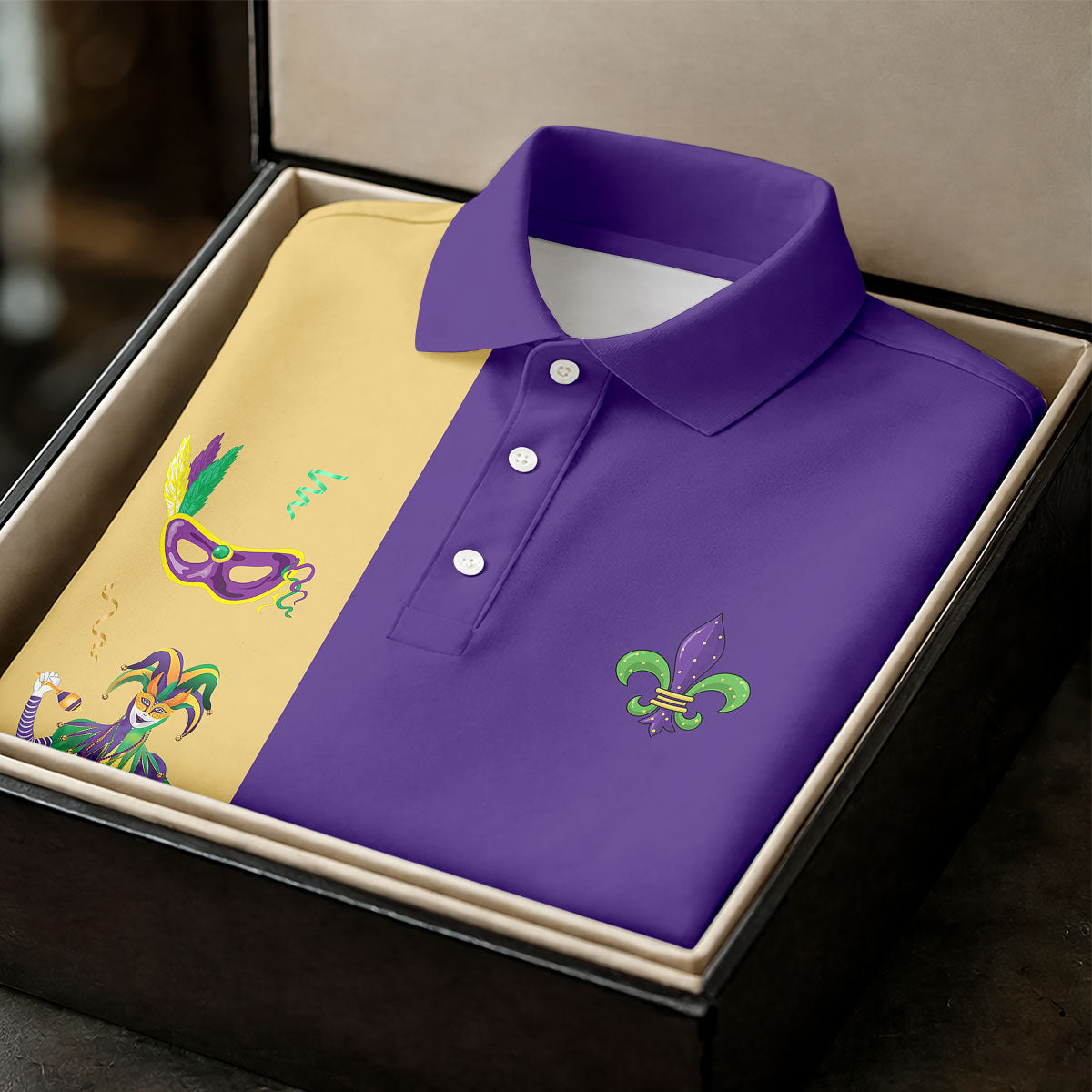 Mardi Gras Festival Jester Figure Fleur De Lis Symbol Purple Golf Shirt, Polo Shirts For Men, Golf Shirts For Men