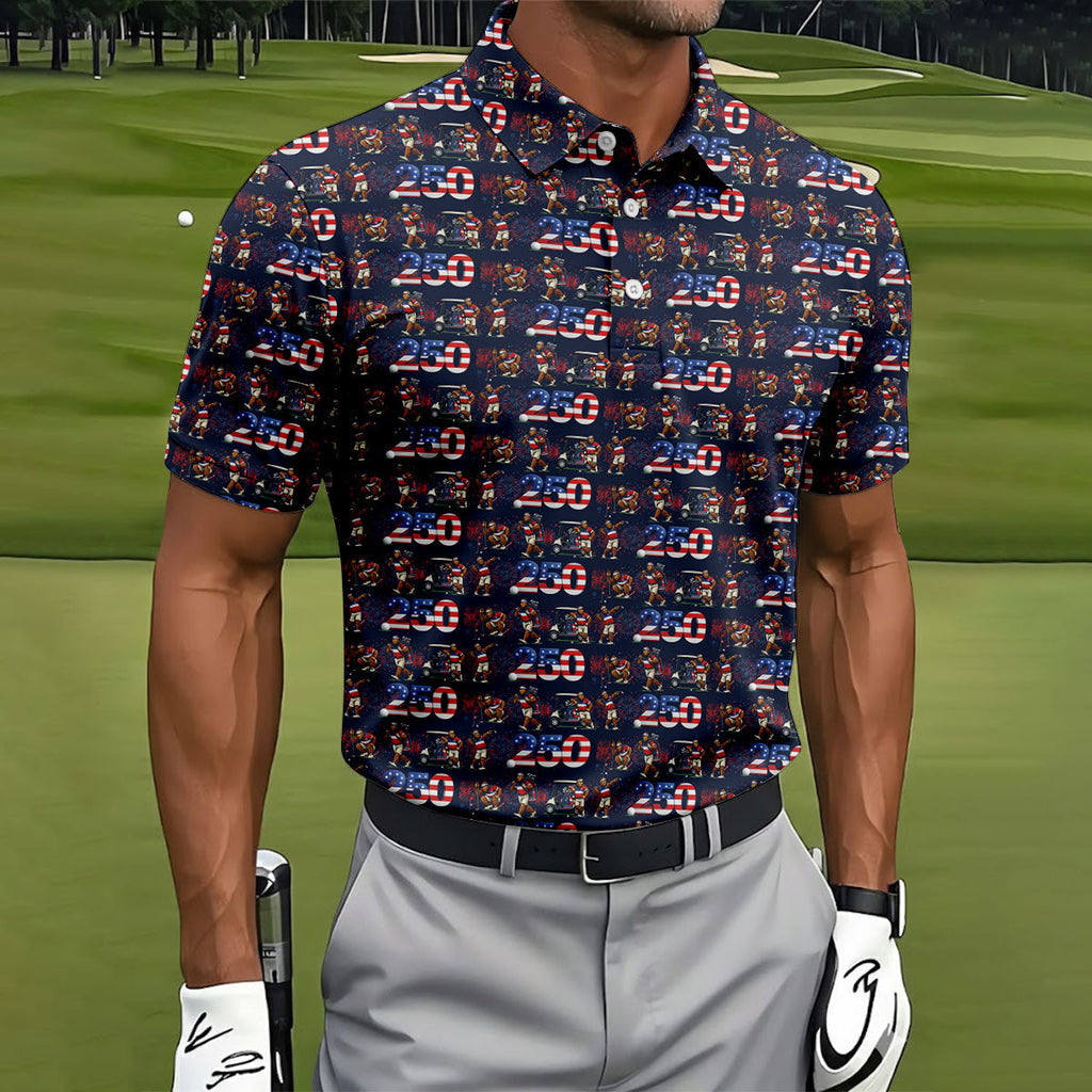 Funny Bigfoot Golf Pose Patriotic 4th Of July Black Golf Shirt, 250 Years Golf Shirts For Men