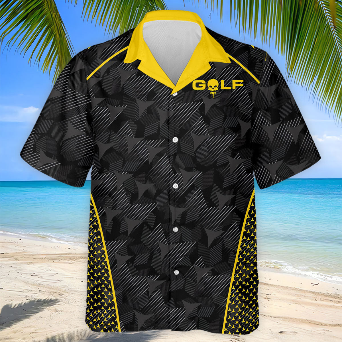 Abstract Triangle Black Yellow Golf Tops For Men, Father's Day Golf Gift, Polo Shirts For Men