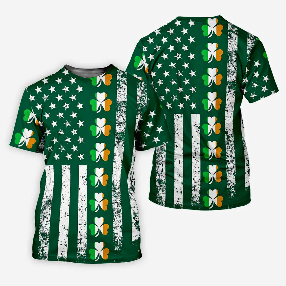 Irish American Flag St Patrick's Day Shirt, Shamrock Vertical Stripes Green Lucky Clover, Golf Shirts For Men