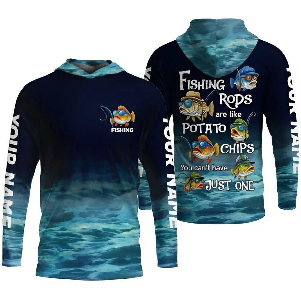 Personalized Men's Long Sleeve Hooded Fishing Shirt, Funny Fish Design, 'Fishing Rods are like Potato Chips', Custom Name