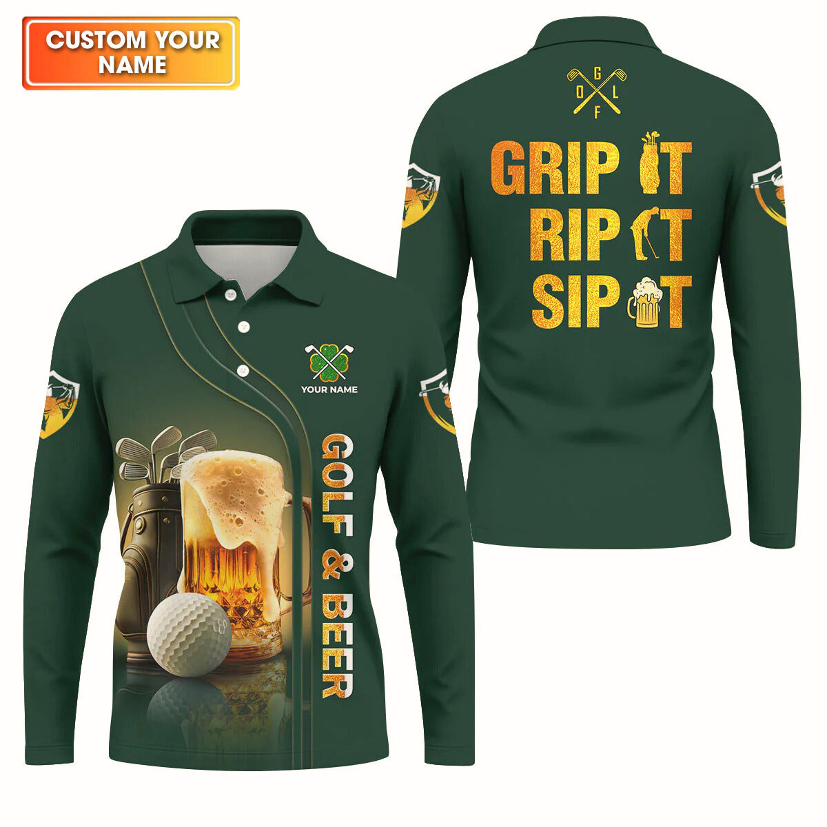 Personalized Grip It Rip It Sip It Golf And Beer St Patrick's Day Green Polo Shirt,  Golf Gift For Men