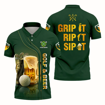 Personalized Grip It Rip It Sip It Golf And Beer St Patrick's Day Green Polo Shirt,  Golf Gift For Men
