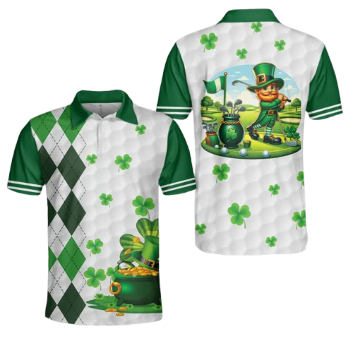 Men’s St. Patrick’s Day Golf Polo Shirt, Green Shamrock Argyle Irish Lucky Print, Short Sleeve Golf Apparel