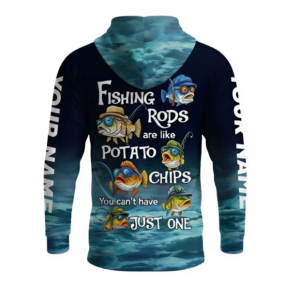 Personalized Men's Long Sleeve Hooded Fishing Shirt, Funny Fish Design, 'Fishing Rods are like Potato Chips', Custom Name