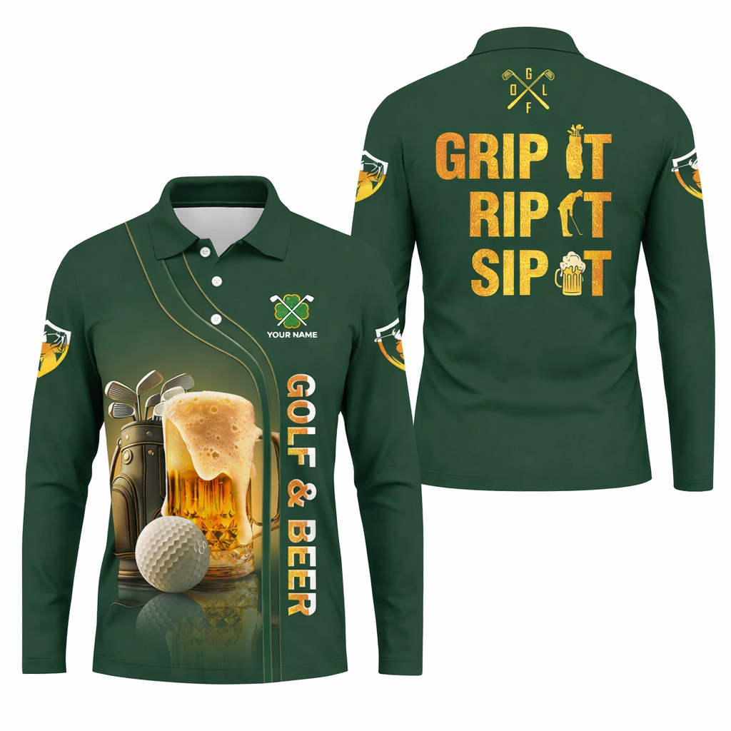 Personalized Grip It Rip It Sip It Golf And Beer St Patrick's Day Green Polo Shirt,  Golf Gift For Men