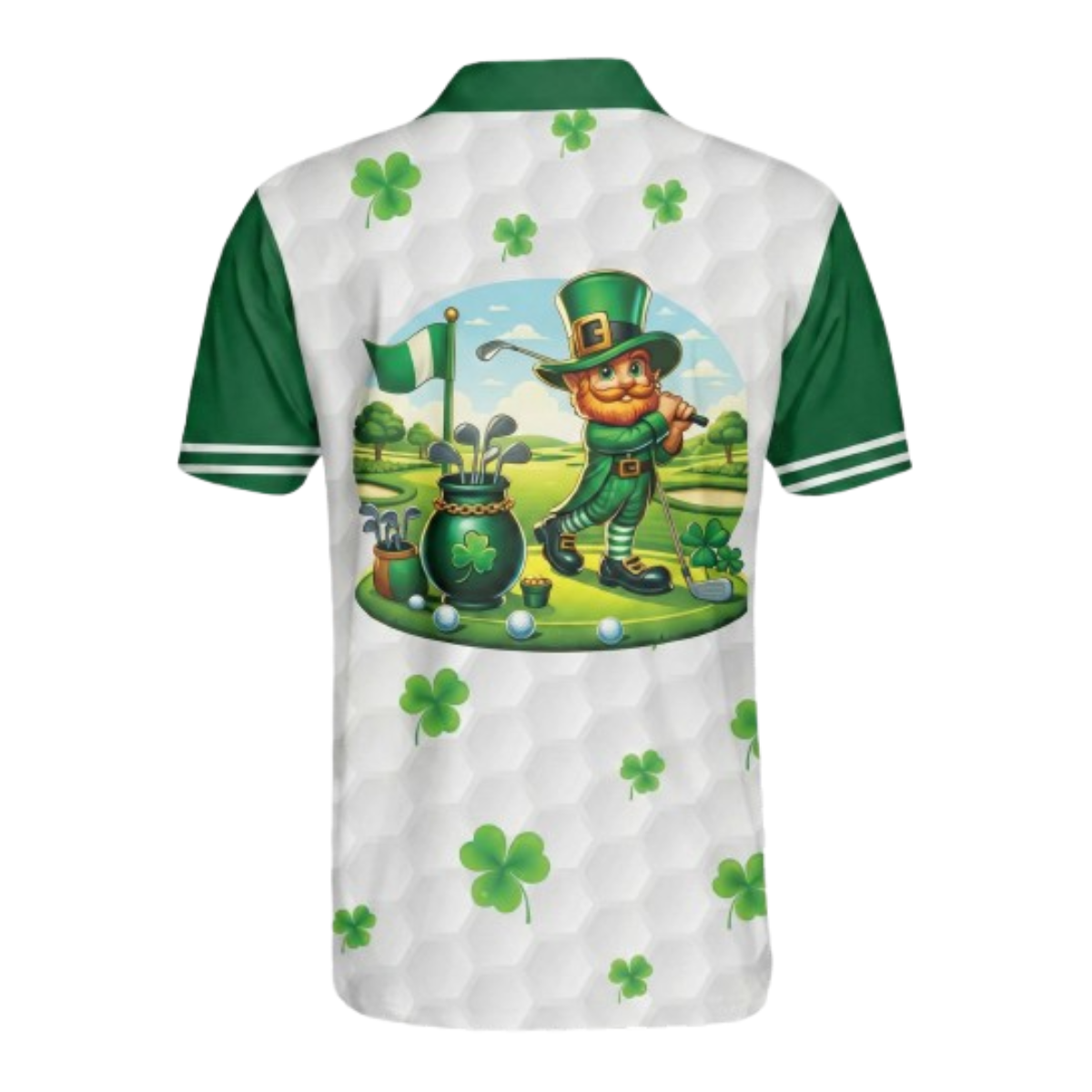 Men’s St. Patrick’s Day Golf Polo Shirt, Green Shamrock Argyle Irish Lucky Print, Short Sleeve Golf Apparel
