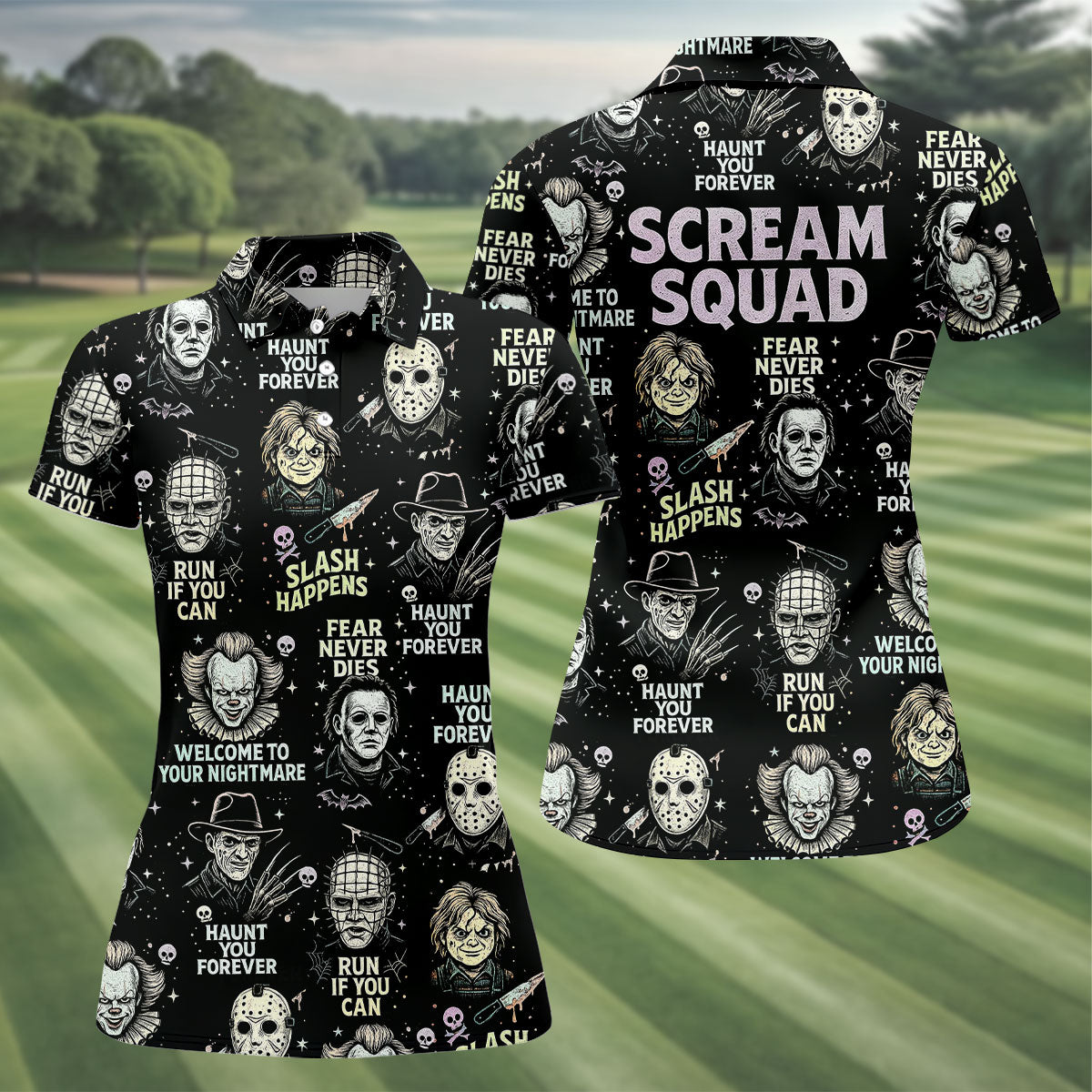 Scream Squad Horror Halloween Character Halloween Polo Shirts, Horror Movie Shirt, Ladies Golf Shirts