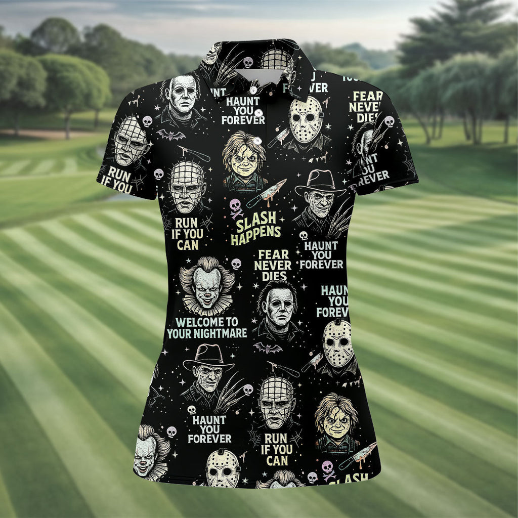 Scream Squad Horror Halloween Character Halloween Polo Shirts, Horror Movie Shirt, Ladies Golf Shirts