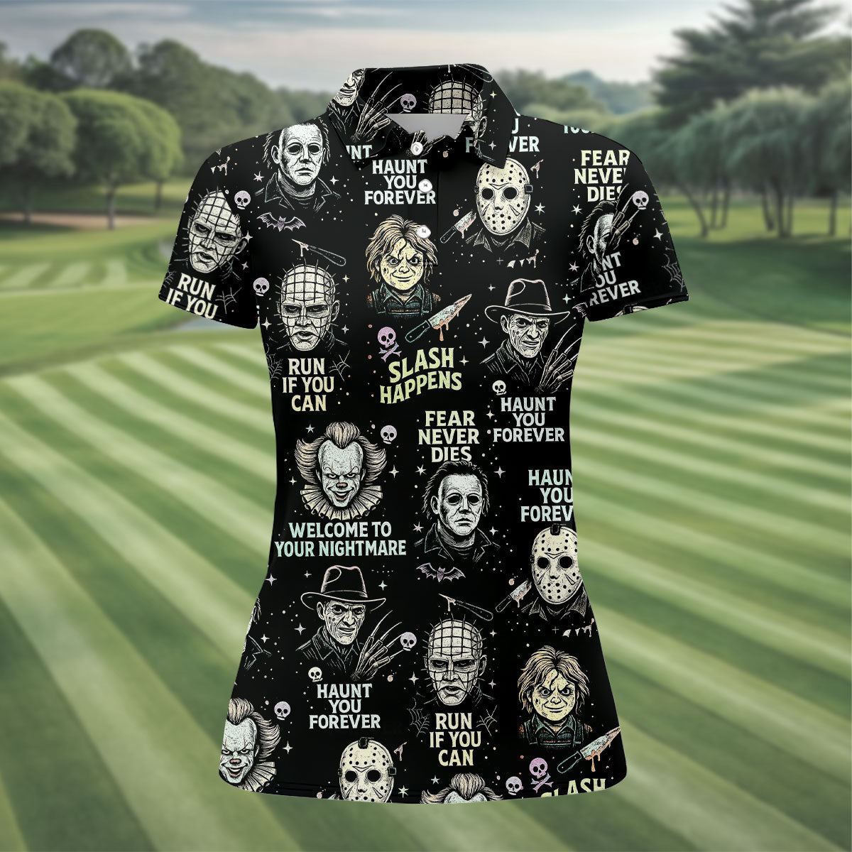 Scream Squad Horror Halloween Character Halloween Polo Shirts, Horror Movie Shirt, Ladies Golf Shirts