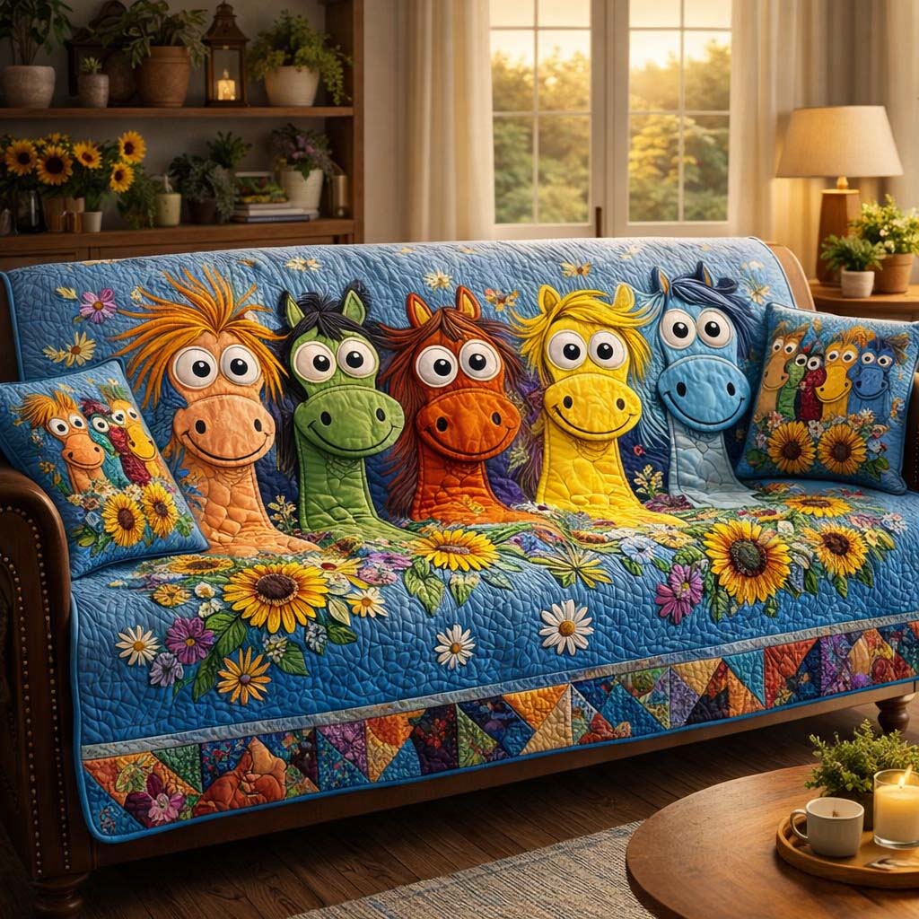Sunny Horse Friends Quilted Sofa Cover Fall Halloween Decor For Sofa Couch