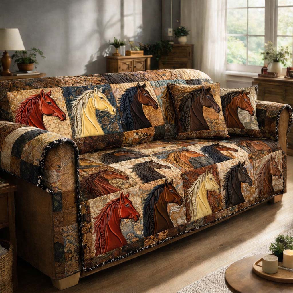 Patchwork Horse Portraits Quilted Sofa Cover Fall Halloween Decor For Sofa Couch