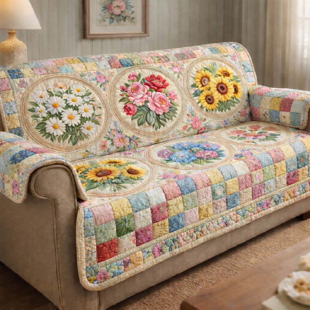 Pastel Garden Patchwork Quilted Sofa Cover Fall Halloween Decor For Sofa Couch
