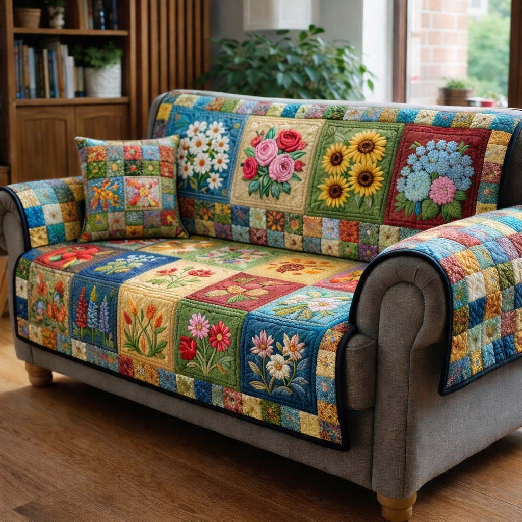 Colorful Blossom Patchwork Quilted Sofa Cover Fall Halloween Decor For Sofa Couch