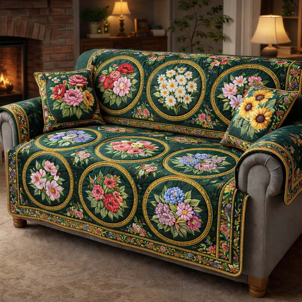 Emerald Rose Patchwork Quilted Sofa Cover Fall Halloween Decor For Sofa Couch
