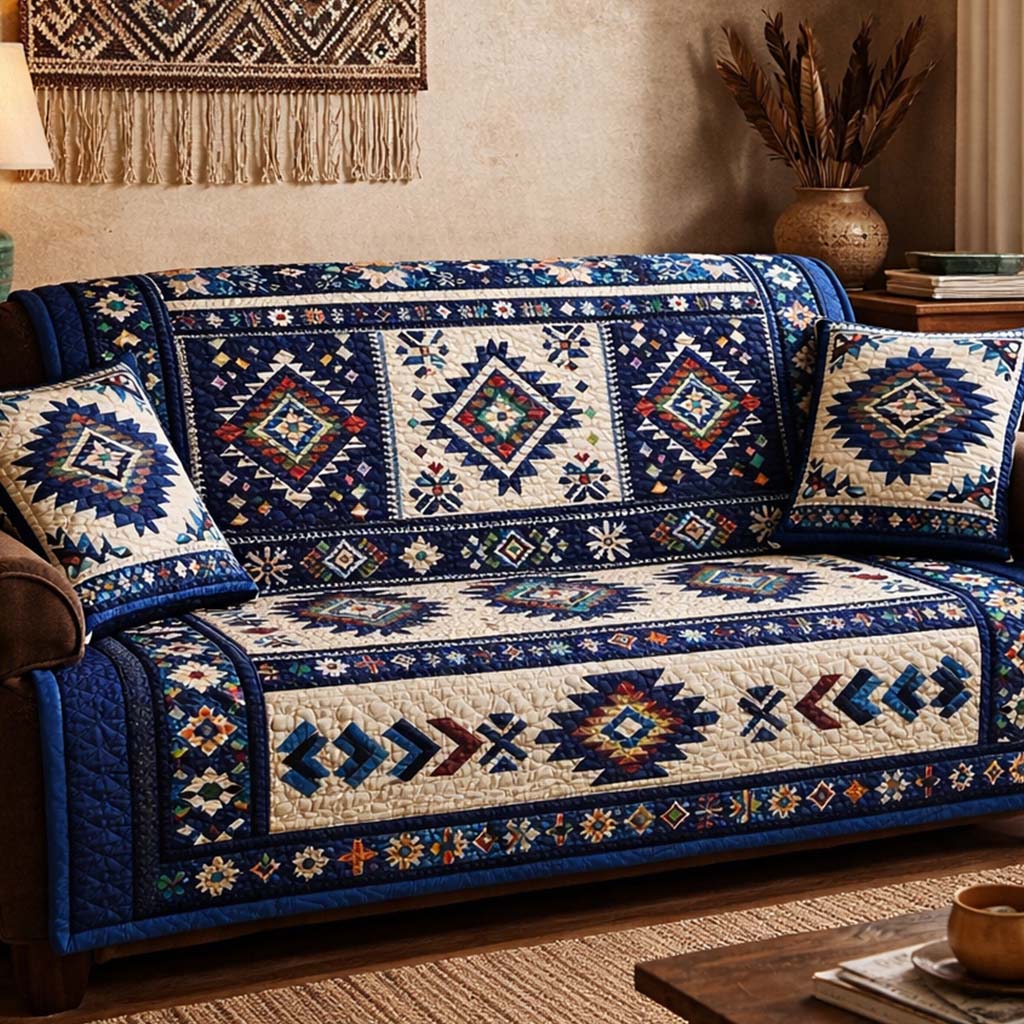 Indigo Tribal Harmony Quilted Sofa Cover Fall Halloween Decor For Sofa Couch