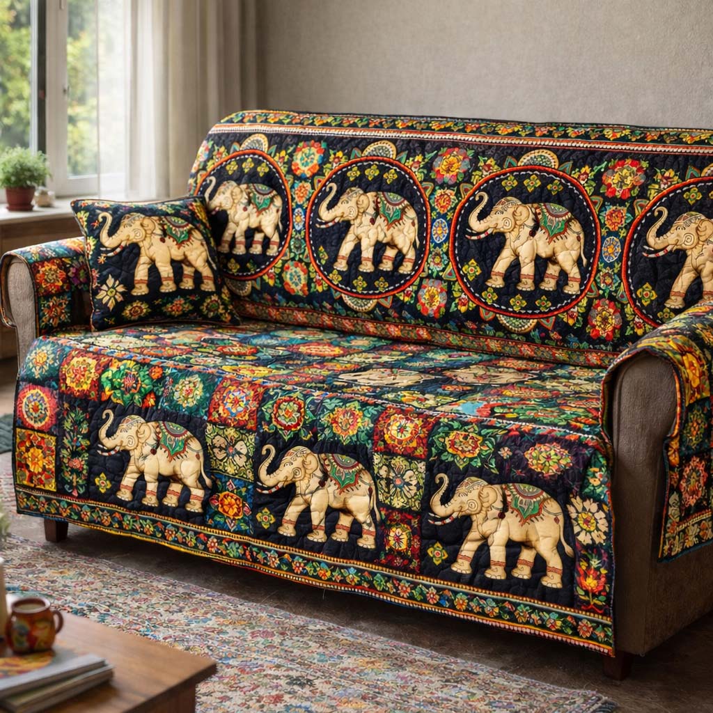 Floral Elephant Parade Quilted Sofa Cover Fall Halloween Decor For Sofa Couch
