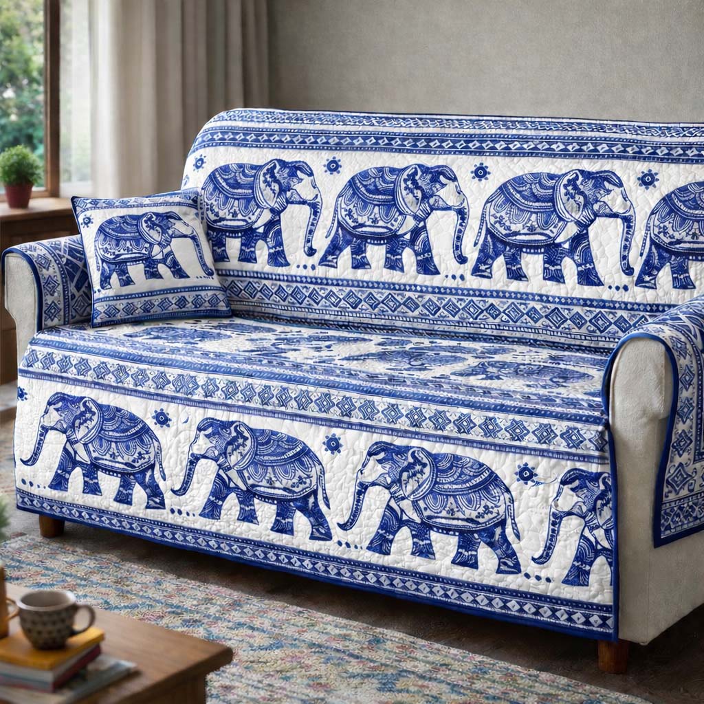 Blue Heritage Elephant Quilted Sofa Cover Fall Halloween Decor For Sofa Couch