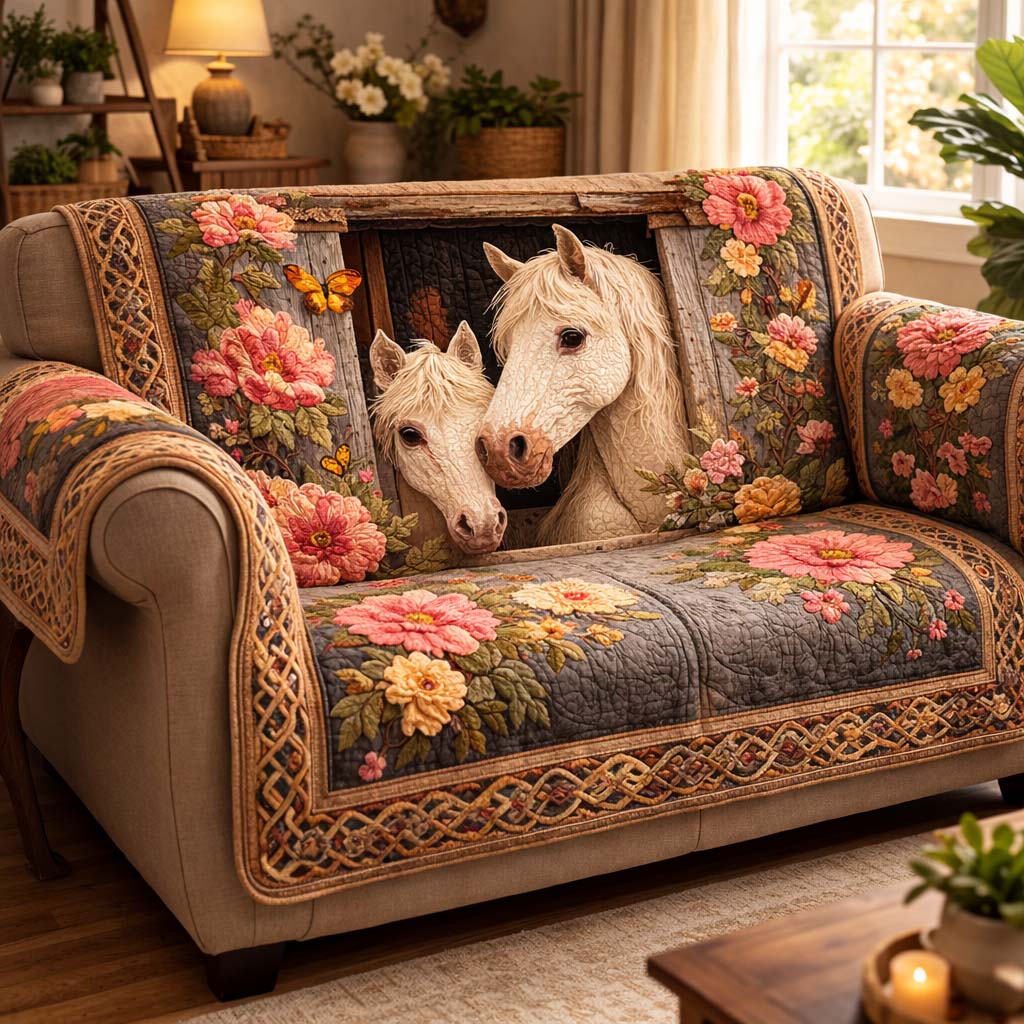 Rustic Blossom Horses Quilted Sofa Cover Fall Halloween Decor For Sofa Couch