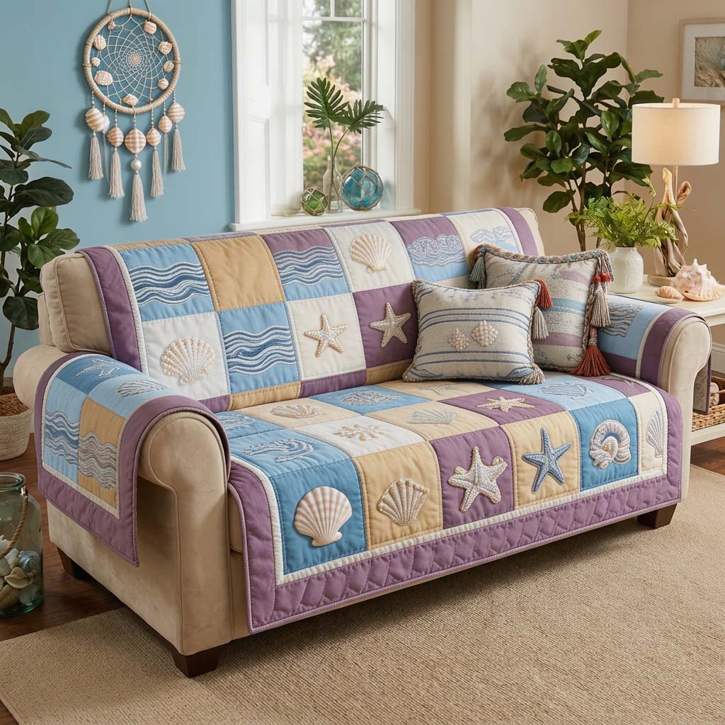 Pastel Seashell Quilted Sofa Cover Fall Halloween Decor For Sofa Couch