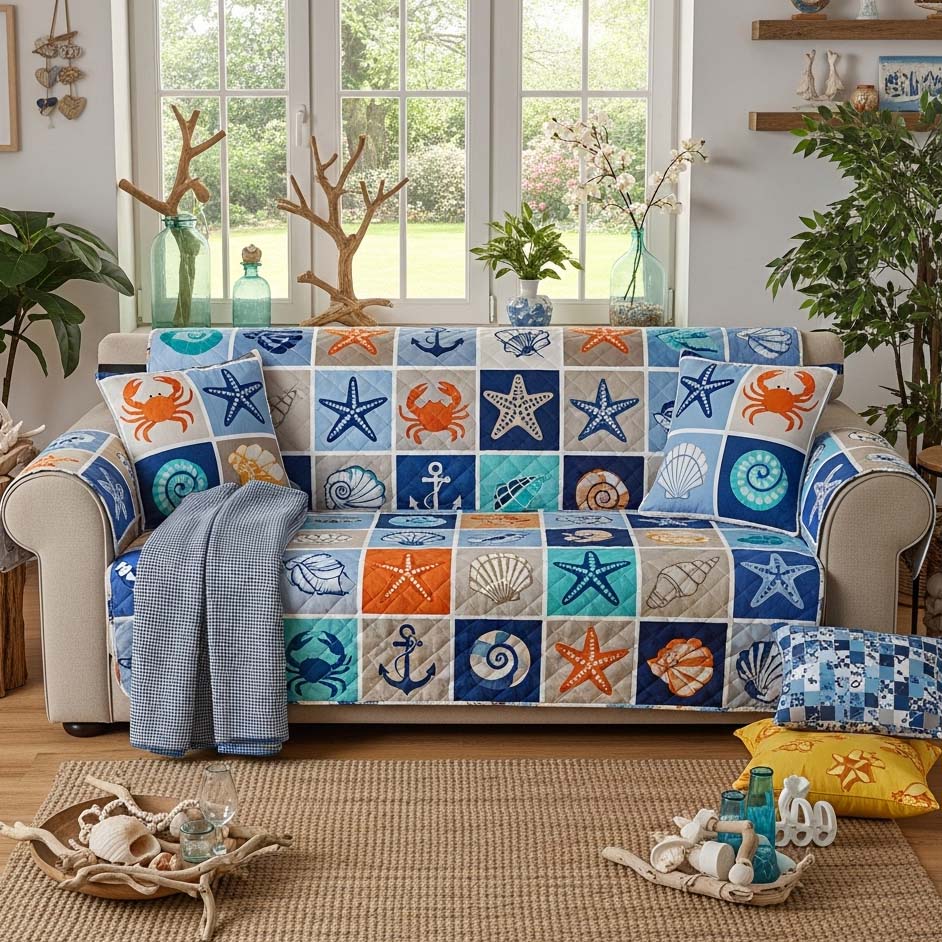Seaside Mosaic Quilted Sofa Cover Fall Halloween Decor For Sofa Couch