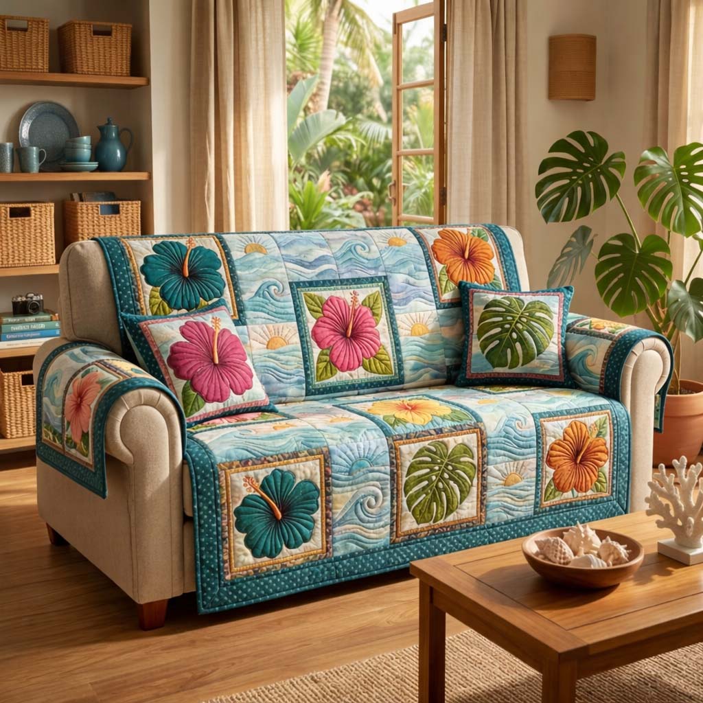 Ocean Bloom Quilted Sofa Cover Fall Halloween Decor For Sofa Couch