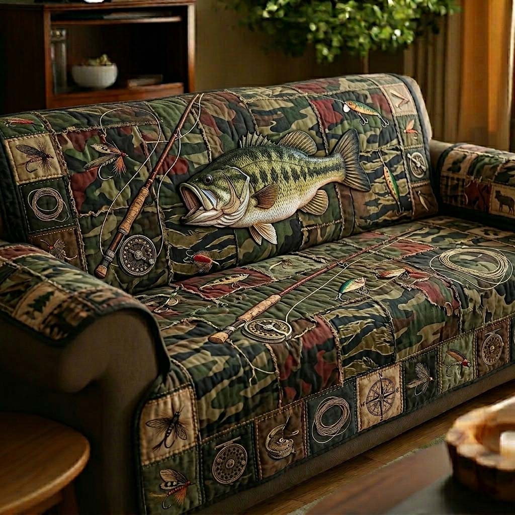 Camo Bass Hunter Quilted Sofa Cover Fall Halloween Decor For Sofa Couch