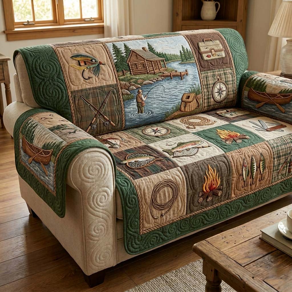 Cozy Cabin Fishing Quilted Sofa Cover Fall Halloween Decor For Sofa Couch