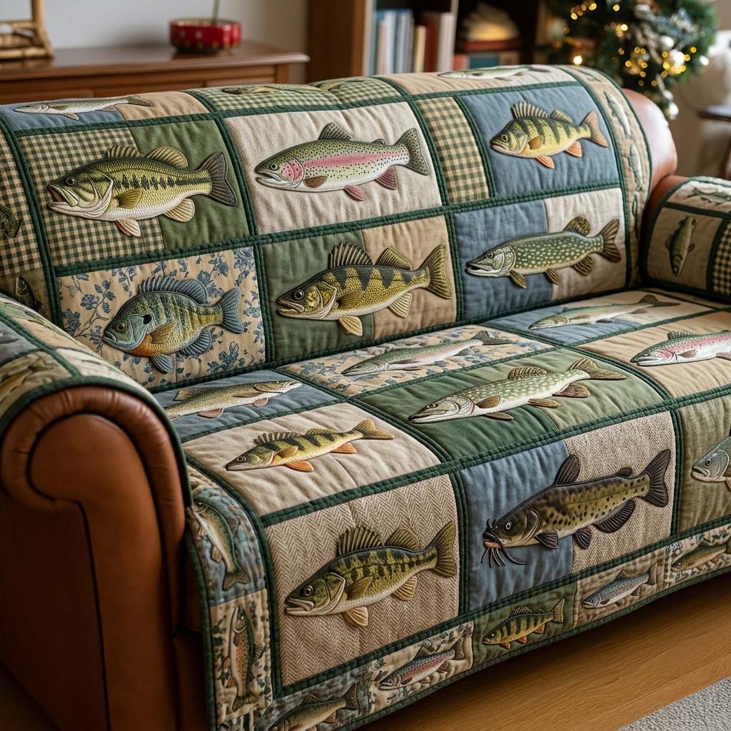 Freshwater Catch Story Quilted Sofa Cover Fall Halloween Decor For Sofa Couch