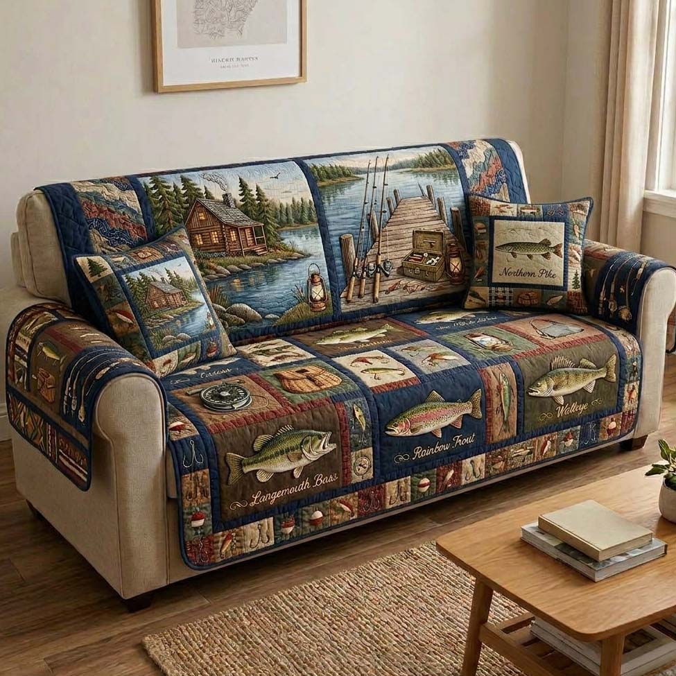 Lakeside Memory Scene Quilted Sofa Cover Fall Halloween Decor For Sofa Couch