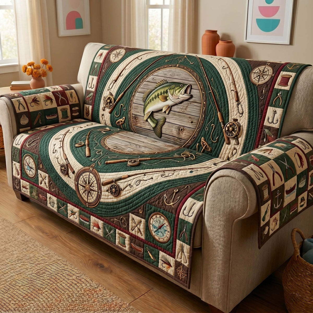 Bass Compass Quilted Sofa Cover Fall Halloween Decor For Sofa Couch