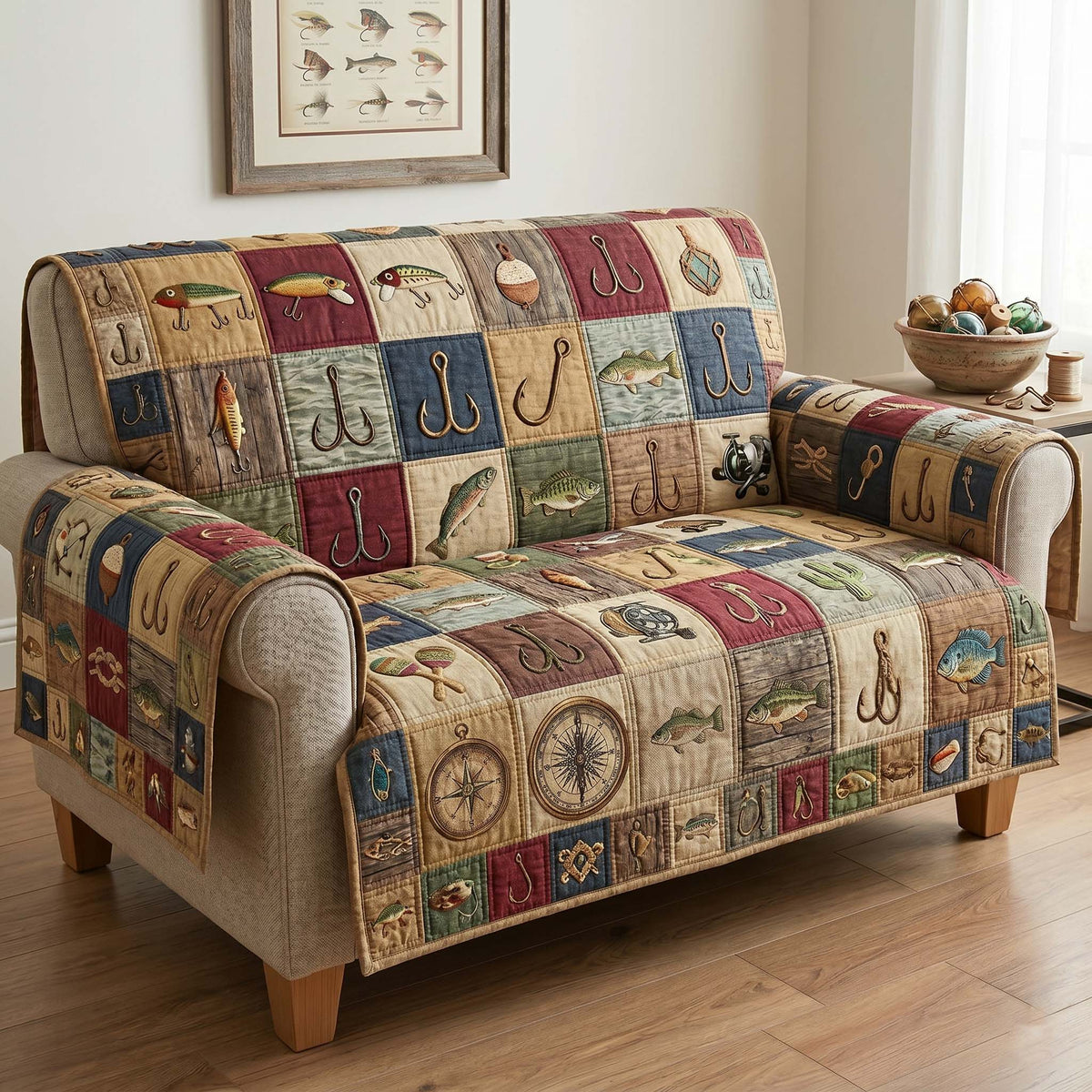 Vintage Tackle Quilted Sofa Cover Fall Halloween Decor For Sofa Couch
