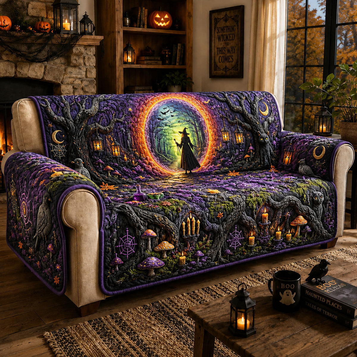 Witch Portal Forest Halloween Quilted Sofa Cover Fall Halloween Decor For Sofa Couch