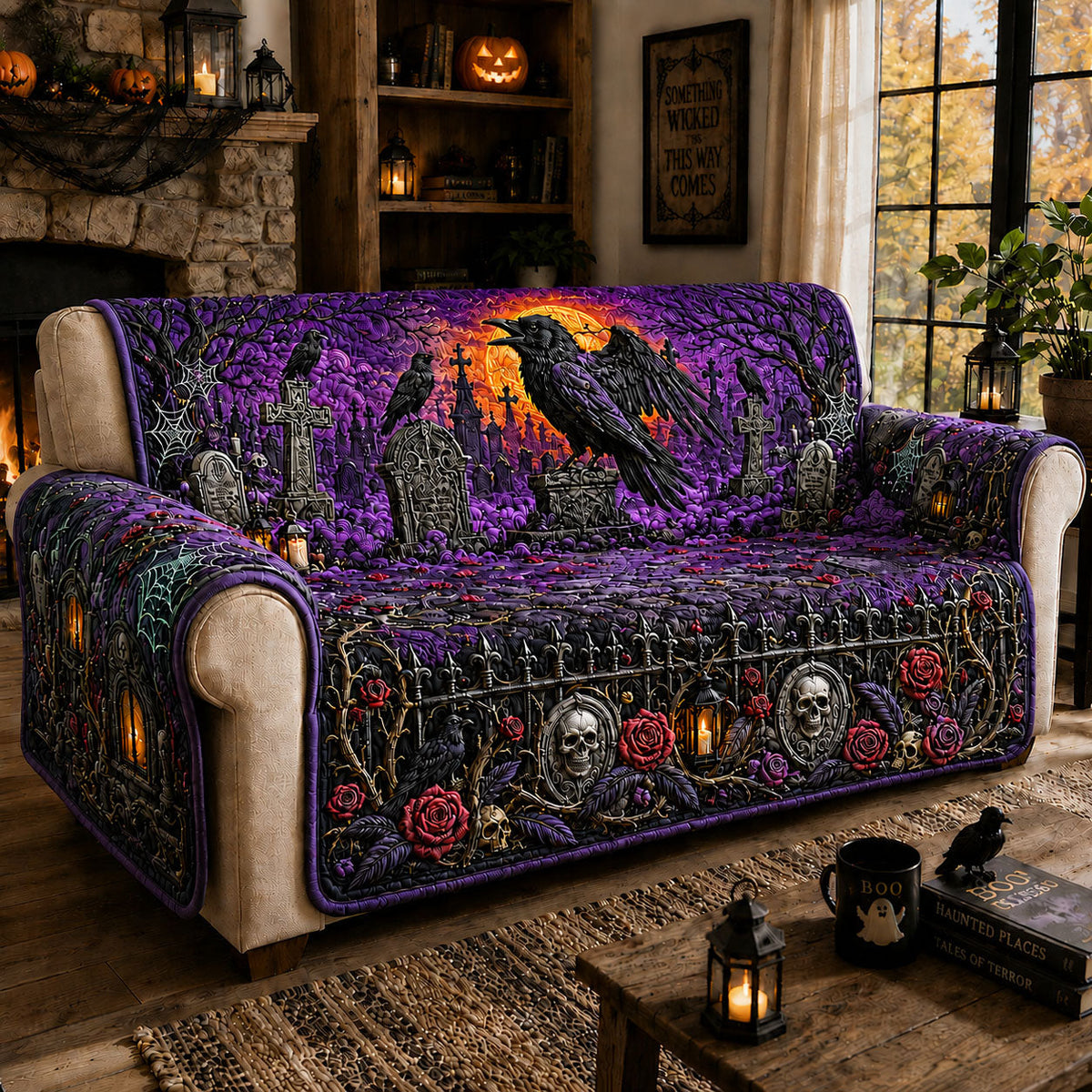 Raven Graveyard Halloween Quilted Sofa Cover Fall Halloween Decor For Sofa Couch
