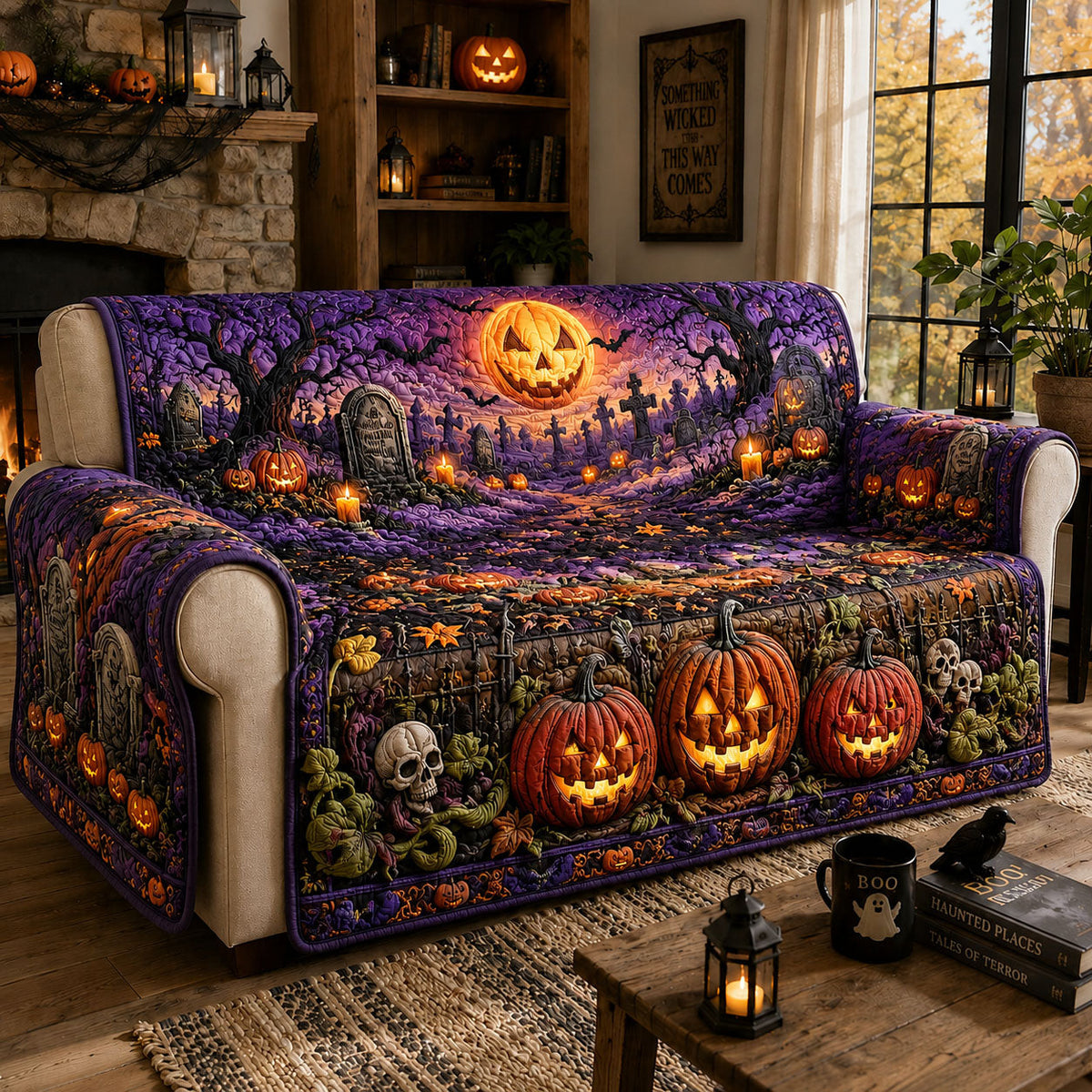 Jack O Lantern Graveyard Quilted Sofa Cover Fall Halloween Decor For Sofa Couch