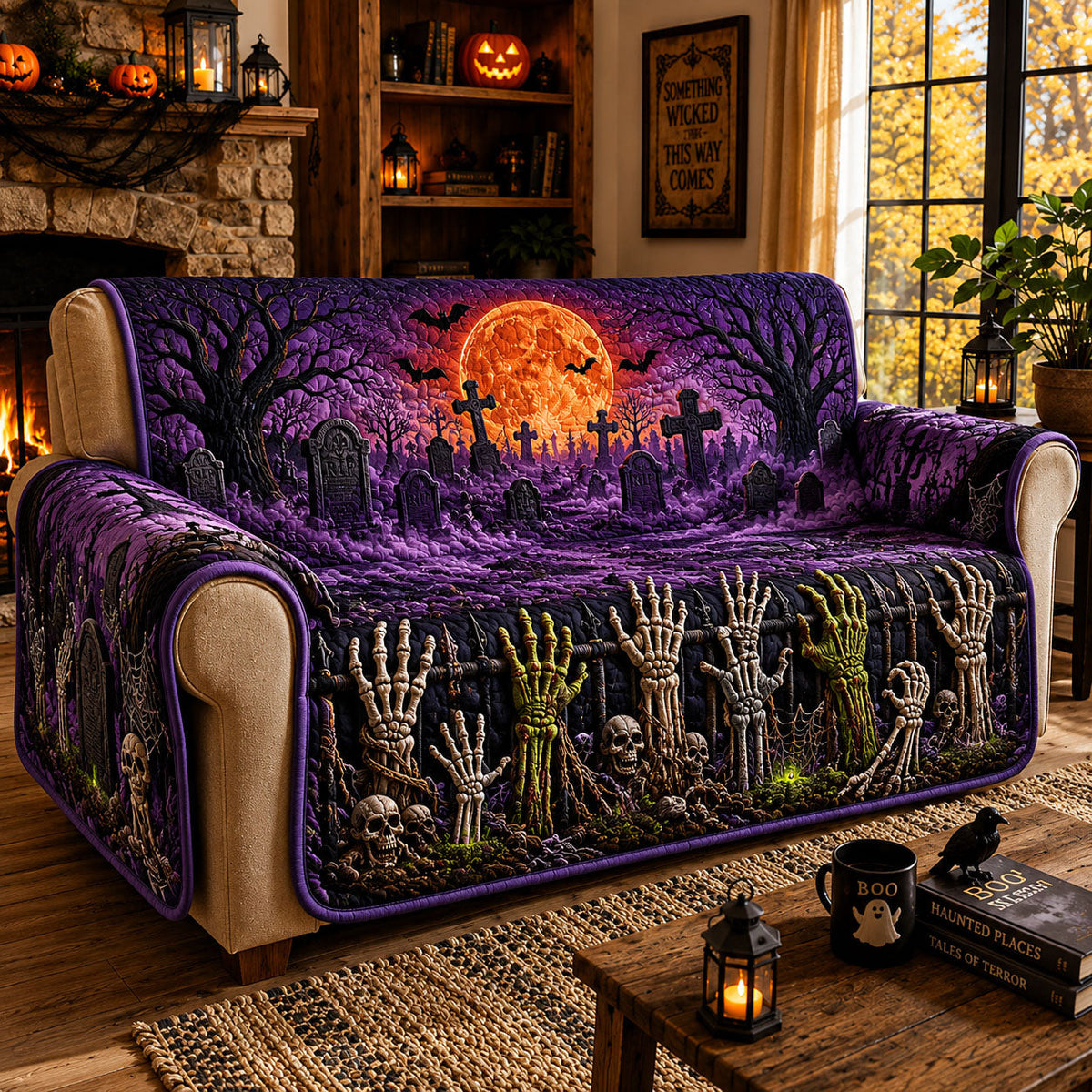 Skeleton Hands Graveyard Quilted Sofa Cover Fall Halloween Decor For Sofa Couch