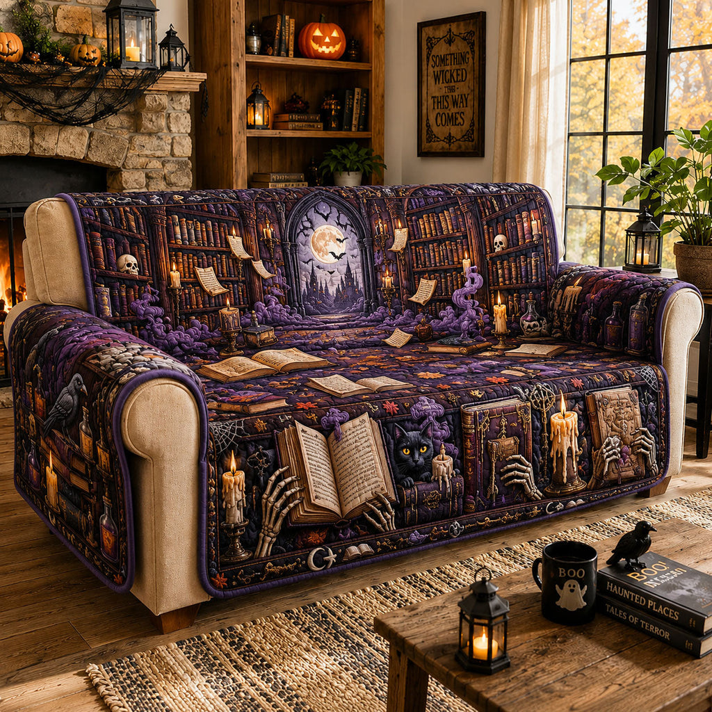 Haunted Spell Library Quilted Sofa Cover Fall Halloween Decor For Sofa Couch