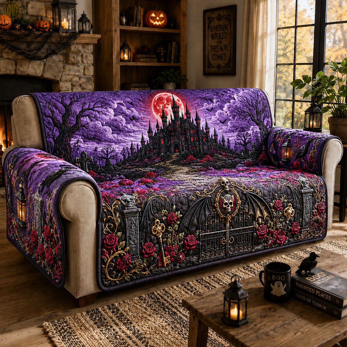 Gothic Vampire Castle Quilted Sofa Cover Fall Halloween Decor For Sofa Couch
