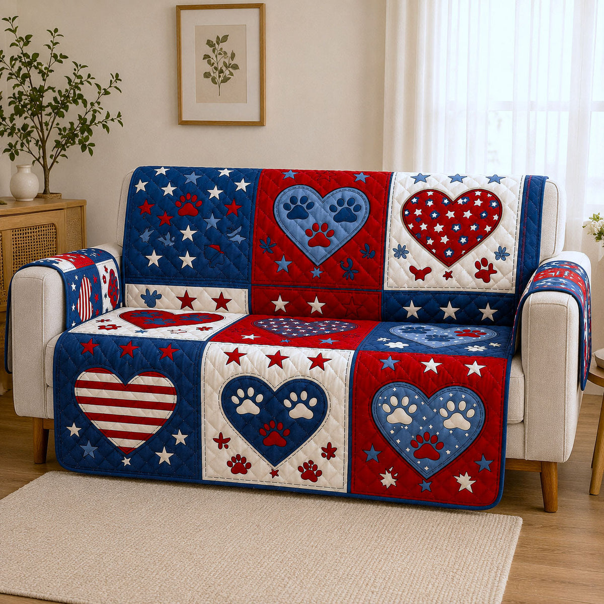 USA Heart Paw Quilted Sofa Cover Fall Halloween Decor For Sofa Couch