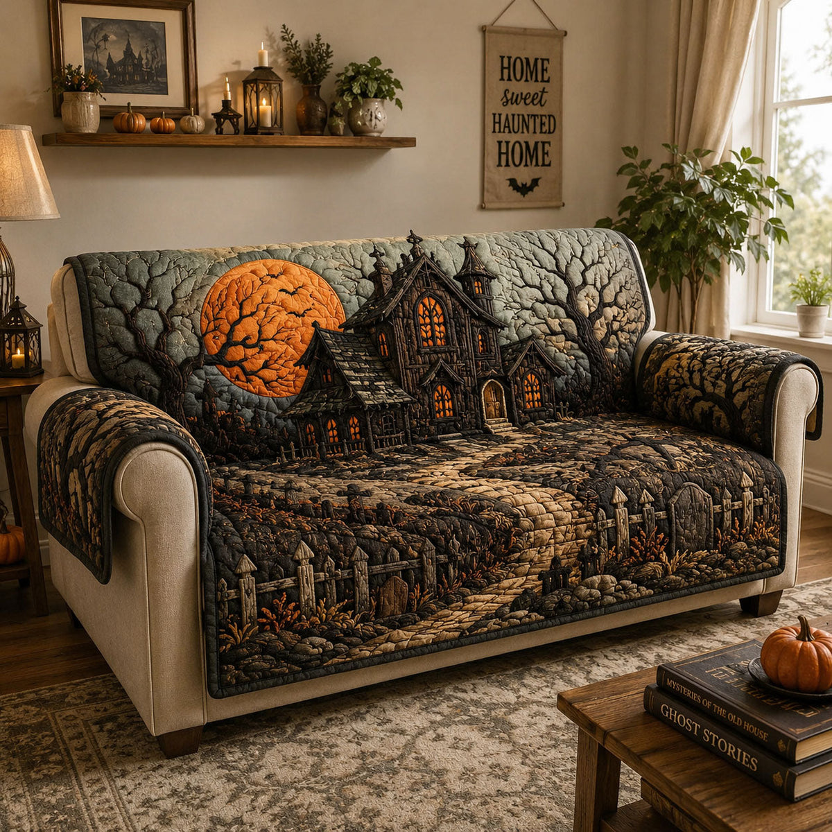 Haunted Victorian House Quilted Sofa Cover Fall Halloween Decor For Sofa Couch