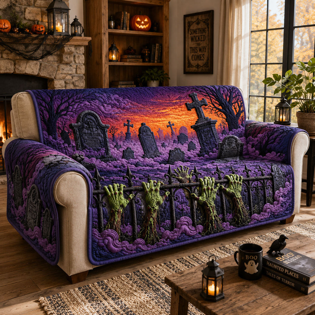 Zombie Hands Graveyard Sunset Quilted Sofa Cover Fall Halloween Decor For Sofa Couch