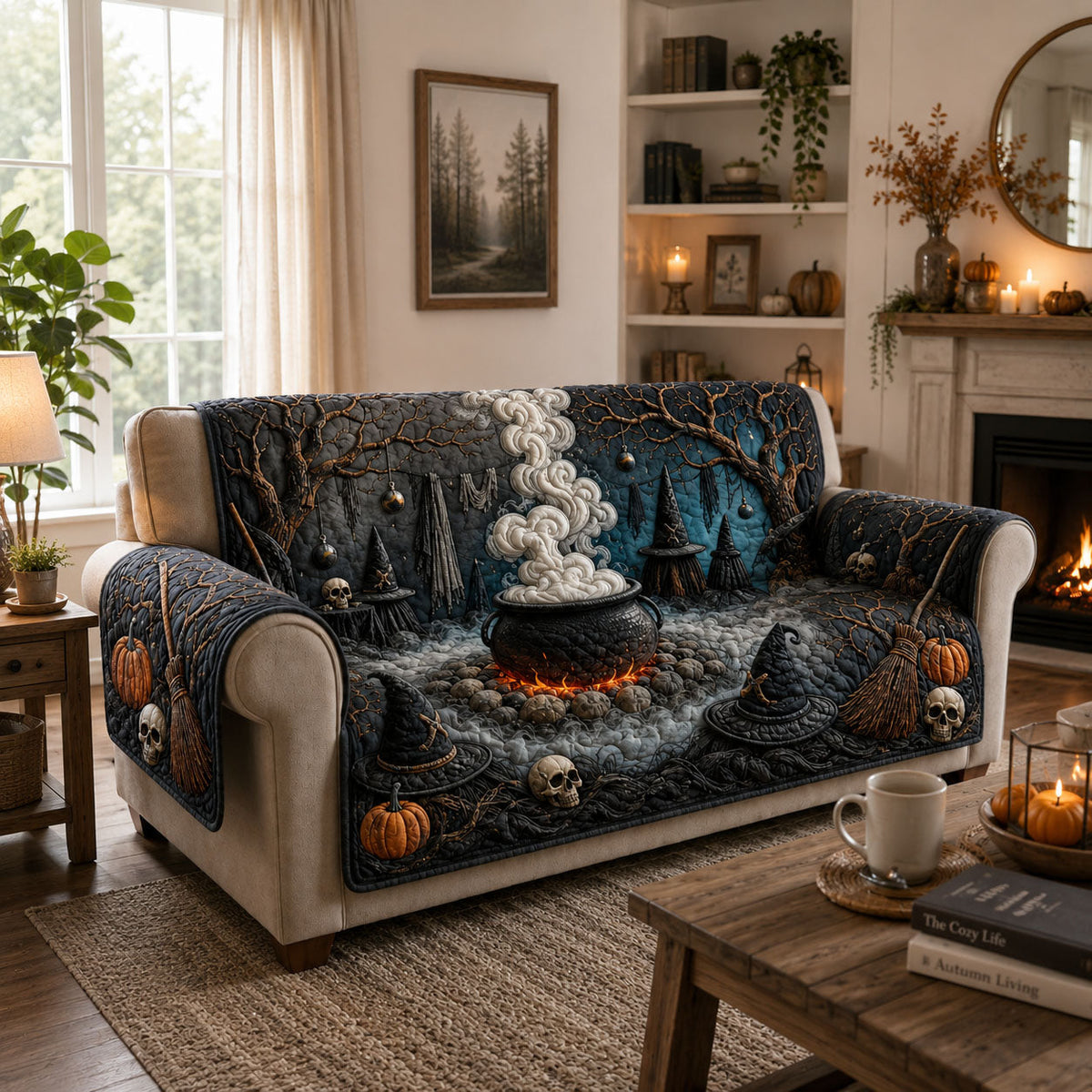 Witch Cauldron Magic Spell Quilted Sofa Cover Fall Halloween Decor For Sofa Couch