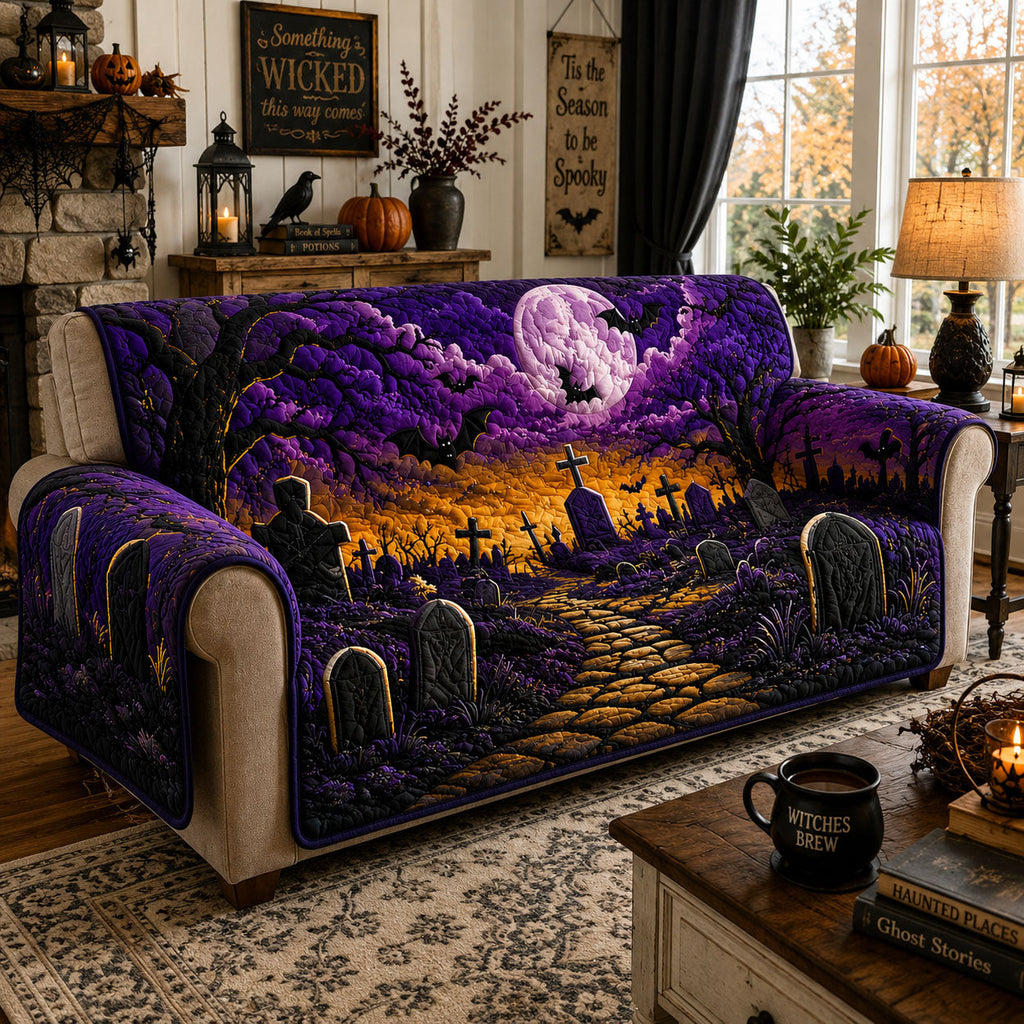 Purple Moon Graveyard Path Quilted Sofa Cover Fall Halloween Decor For Sofa Couch