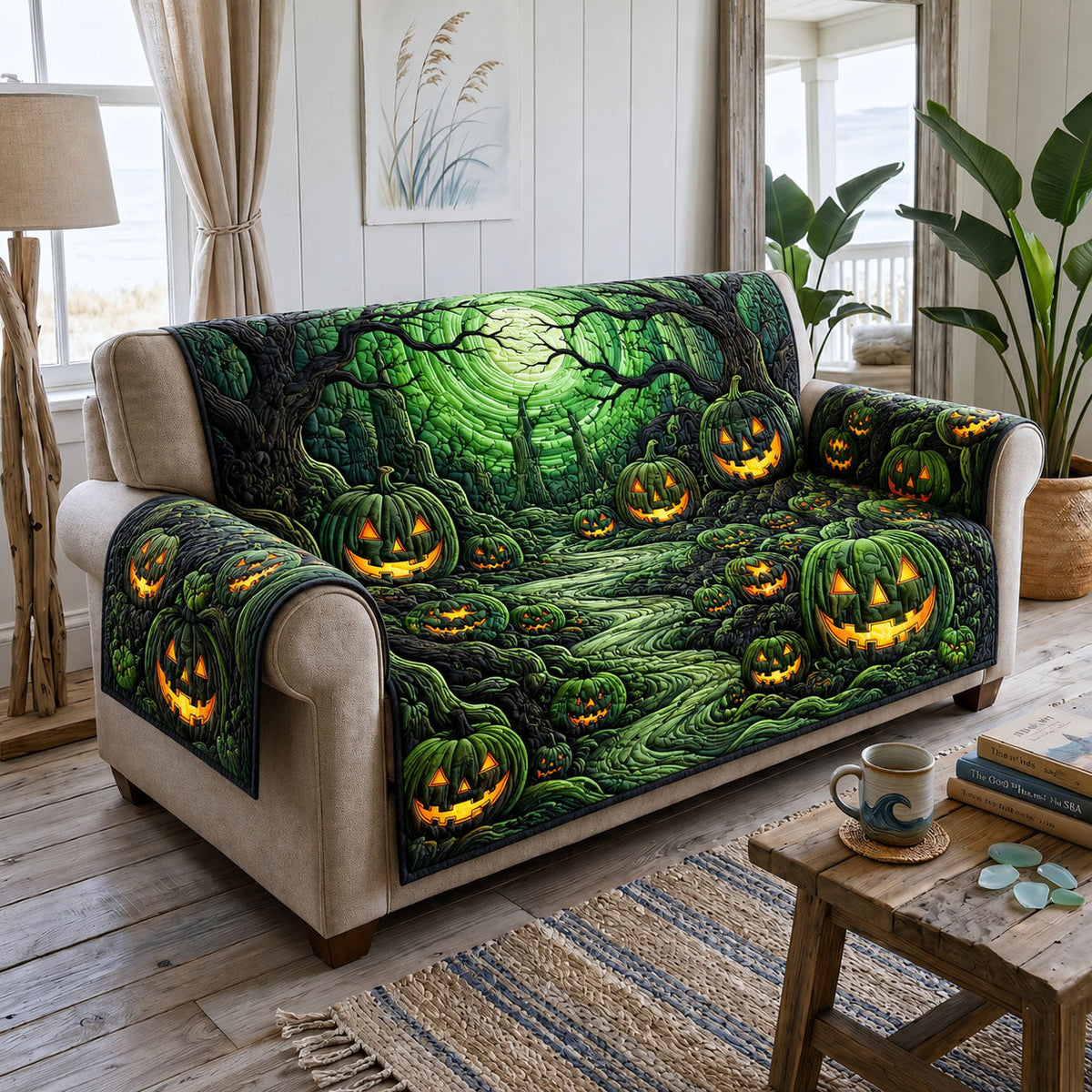 Scary Pumpkin Path Quilted Sofa Cover Fall Halloween Decor For Sofa Couch